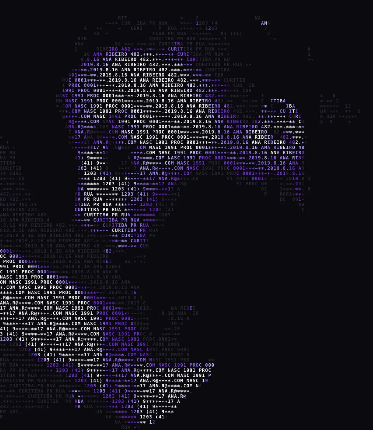 Retrato de uma mulher desenhado com letras e números de dados pessoais fictícios